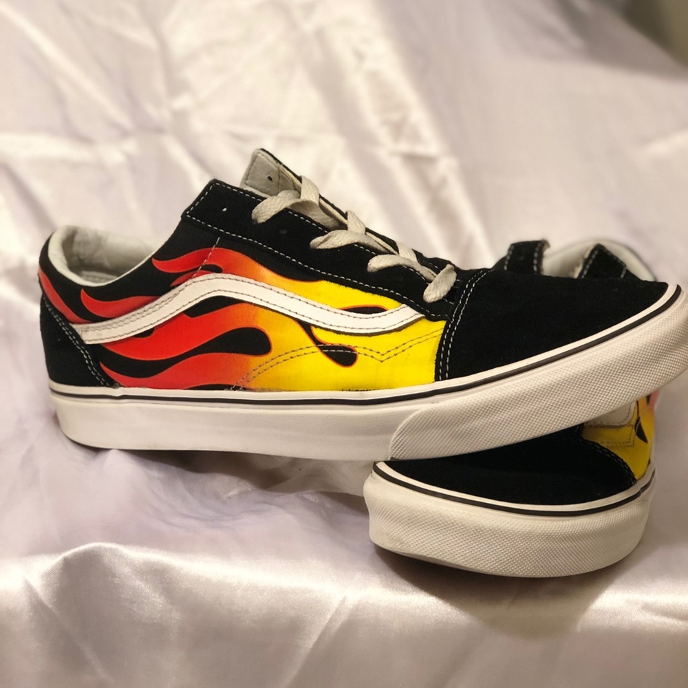 Authentic Black and white vans with flames design